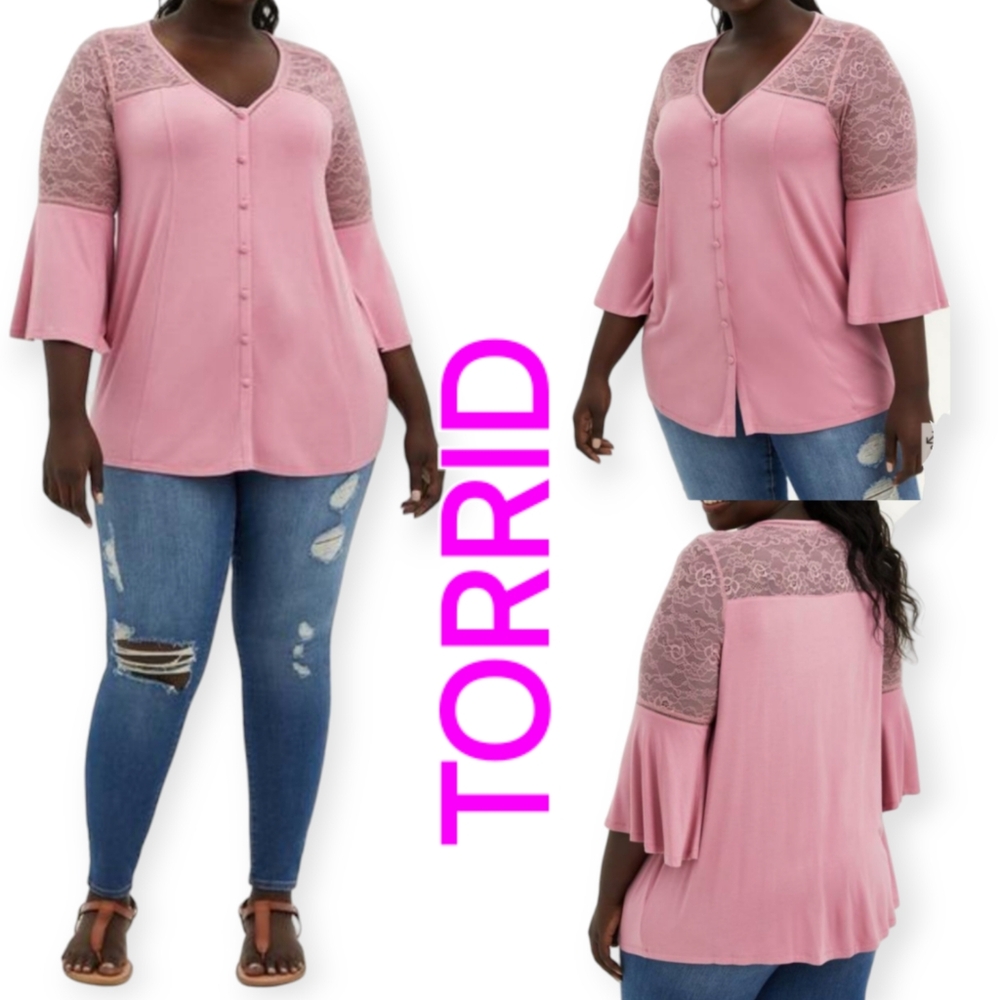 TORRID Super Soft V-Neck Lace Inset Bell Sleeve Button-Front Top
